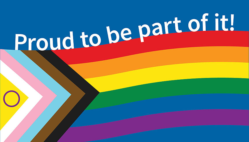 Illustration einer Pride-Flagge mit dem Schriftzug "Proud to be part of it!"